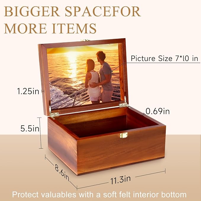 Large Wooden Keepsake Box with Hinged Lid and Photo Frame - Elegant Wedding Memory Box, Ideal for Photos, Letters, Time Capsules, Bride Gift, Love, Decorative Storage，5.5“*8.6”*11.3“