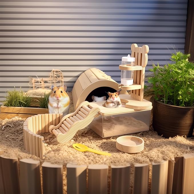 6Pcs Hamster Sand Bath Box Set Hamster Cage Accessories Hamsters Fence Toy | Hamster Bath Container Climbing Ladder Fence Toy Feeding Bowl Water Bottle Sand Shovel for Dwarf Gerbils Small Animals Pet