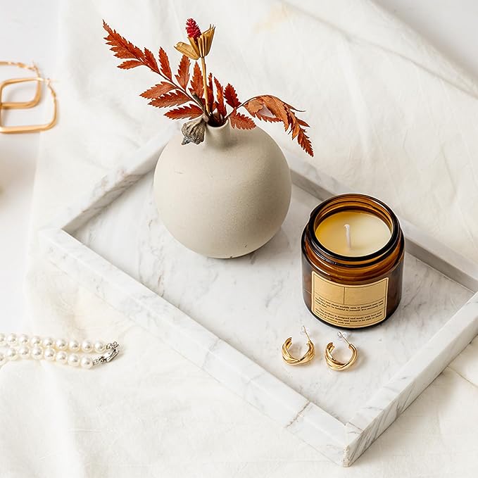 WORHE Italy Marble Vanity Tray for Jewelry, Perfume, Makeup, Candle,Towel Natural Modern Decorative Trays for Bathroom Bedroom Dresser Rectangle Kitchen Storage Organizer for Home Decor White (FX031)
