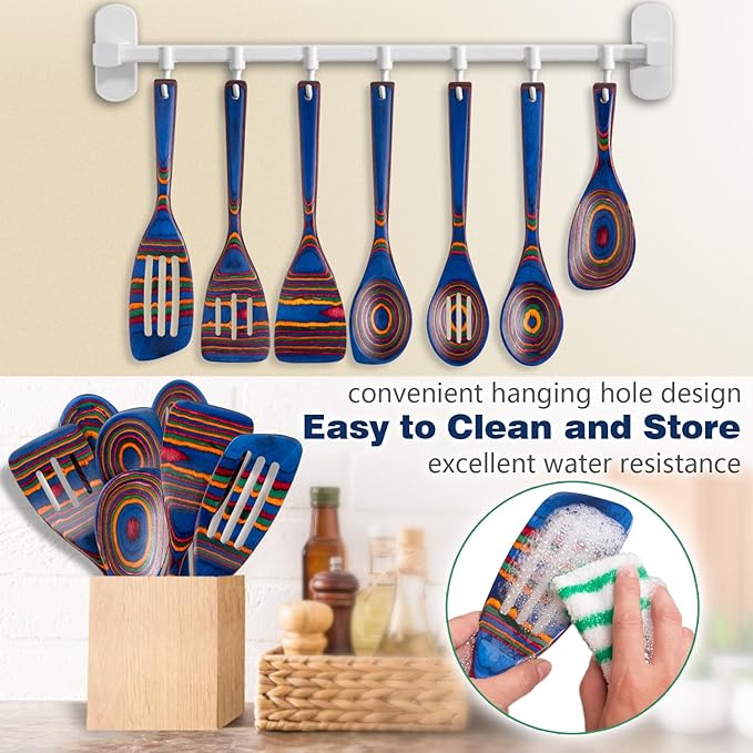 Pakkawood 7-Piece Wooden Cooking Utensil Set-Wood Kitchen Utensil Set, Wooden Spoons for Cooking, Nonstick Safe Non-Toxic Wooden Cooking Tools by HOWHONG (Spectrum Color)
