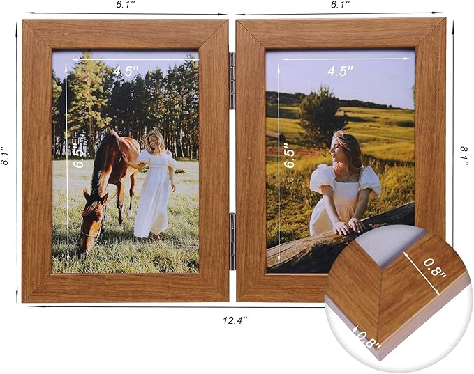 Double Vertical 5X7 Hinged PS Family Picture Frame Collage For Desktop or Tabletop (Wood Grain 57X2)