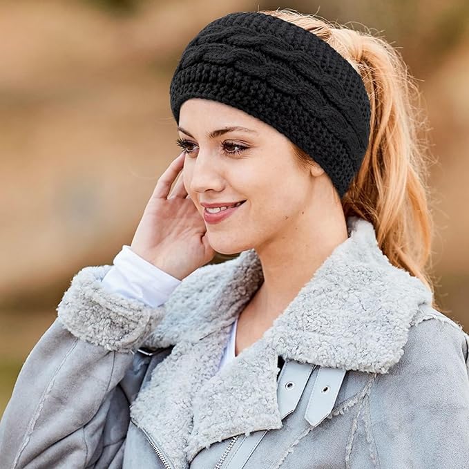 AQOKKA Knit Winter Headbands for Women Fuzzy Wool Fleece Lined Ear Warmers Elastic Turban Crocheted Head Wrap Winter Accessories for Women Cold Weather