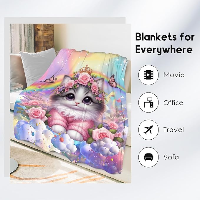 Kids Blankets Blanket with Cat - 60x80 Inches Cozy Soft Flannel Throw Gifts for Couch, Bedroom