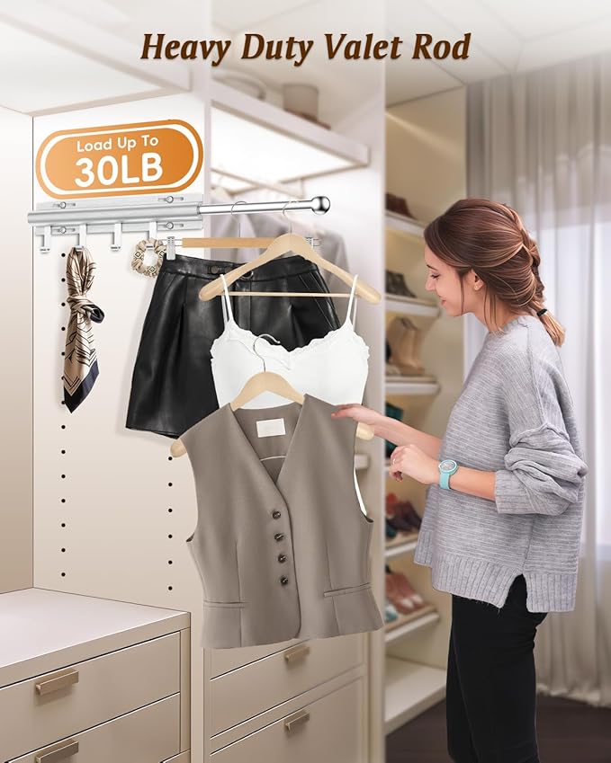 Valet Rod for Closets, 12" Valet Rod With 4 Hooks, Closet Organizer Slide Out Clothing Hanger Rods Extender Perfect for Suits,Dresses,Belt,Tie, Polished Chrome
