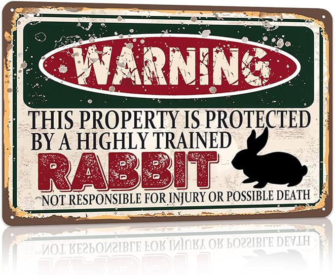 Vintage Rabbit Metal Sign Wall decor | Warning this property is protected by a highly trained Rabbit Sign Funny Tin Signs 12x8 Inch