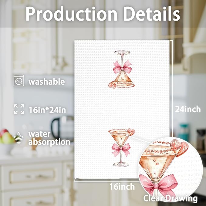 Pink Bow Cocktail Decor Kitchen Towels, Gifts for Cocktail Lovers Hand Towels, Pink Coquette Cocktail Dish Tea Towels for Kitchen Home Bar, Coquette Bow Cocktail Bar Cart Decor, 16x24In