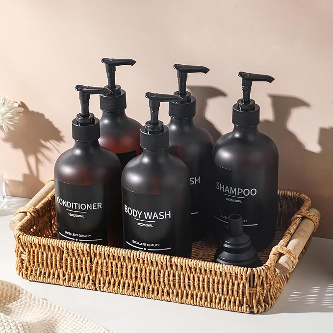 Shampoo Bottles Refillable with Pump (5Pack Matte Amber) Plastic 16.9oz Amber Reusable Shampoo and Conditioner Bottles,Bathroom Bottles with Pump and Labels