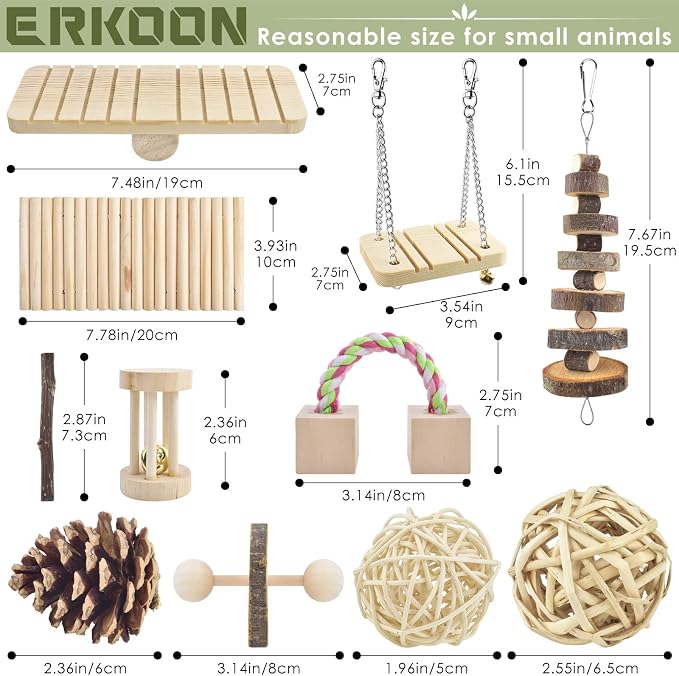 ERKOON Safe 12 Pack Hamster Chew Toys Gerbil Rat Guinea Pig Chinchilla Chewing Toys Cage Accessories, Natural Wooden Dumbbell Exercise Bell Roller Teeth Care Molar Toy for Rabbits Bird Small Animals