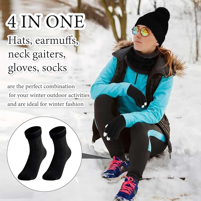 SATINIOR 5 Pcs Winter Satin Lined Hat Scarf Gloves Set Knit Pompom Beanie Warm Touchscreen Glove Earmuff Ear Warmer for Women