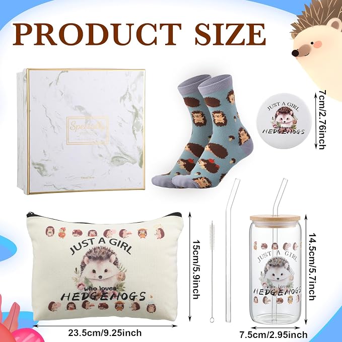 Kacctyen 5 Pcs Christmas Hedgehog Gift for Women Hedgehog Accessories 16oz Glass Cup Tumbler with Lid Straw Makeup Cosmetic Bag Pocket Mirror Sock for Daughter Sister Bestie Birthday Animal Lover Gift