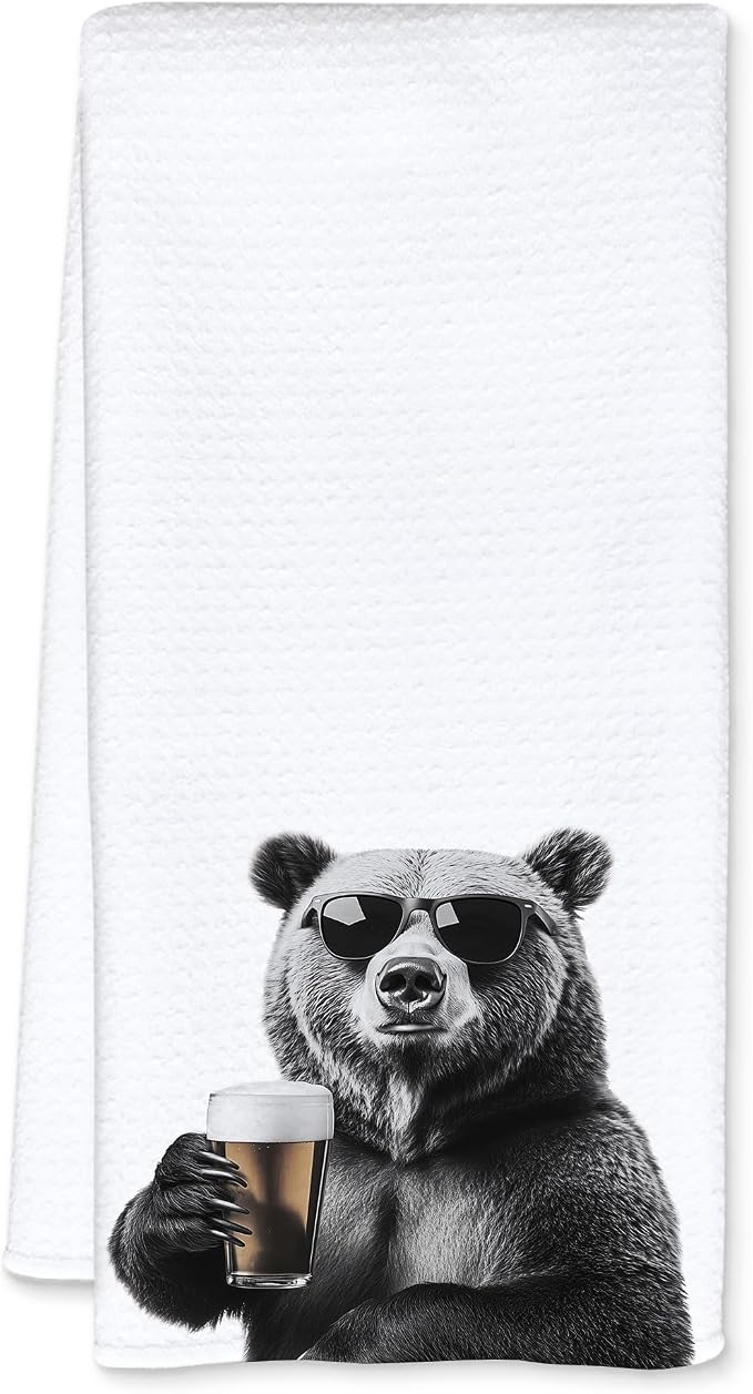 Funny Bear Beer Kitchen Towels, Bear Gifts Dish Tea Towels for Kitchen Decor, Bar Towel for Bartender Kitchen, Beer Lover Gift, 16x24 Inch