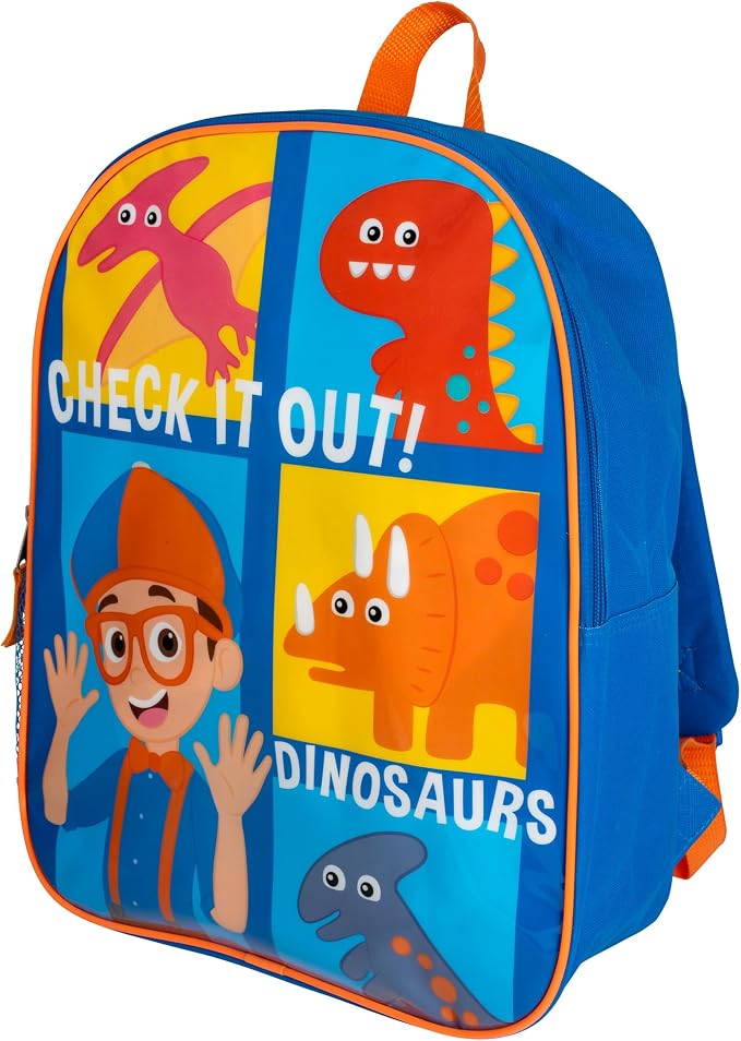 AI ACCESSORY INNOVATIONS Blippi Backpack for Boys & Girls, Kids 15" School Bag Featuring Blippi & His Dinosaur Friends, Blue
