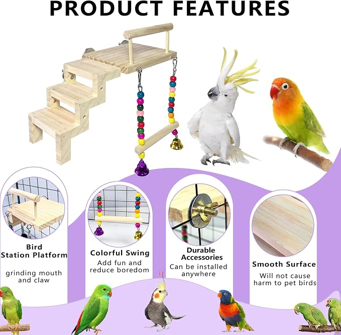 Bird Perch Platform with Ladder & Swing,Parrot Wooden Play Gym Cage Toys | Bird Wood Playing Exercise Stands Perches,Parakeet Climbing Ladder Playground Cage Accessories for Cockatiel Budgie Lovebird