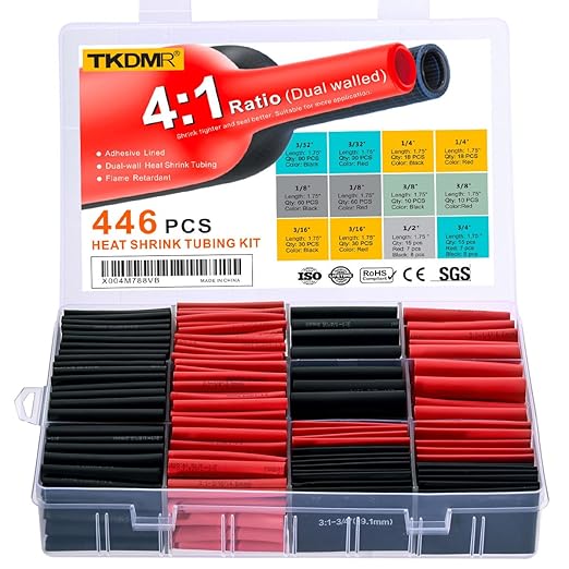 TKDMR 446 Pcs Heat Shrink Tubing Kit - 4:1 Ratio Adhesive Lined, Marine Grade Shrink Wrap - Industrial Heat Shrink Tubing,Red and Black