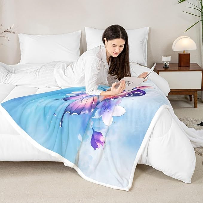 Feelyou Blue Butterfly Fleece Throw Blanket 40"x50" Kids Girls Sherpa Blanket Plush Fuzzy for Bed Couch Chair Living Room, Watercolor Bed Blanket Chic Gorgeous Room Decor