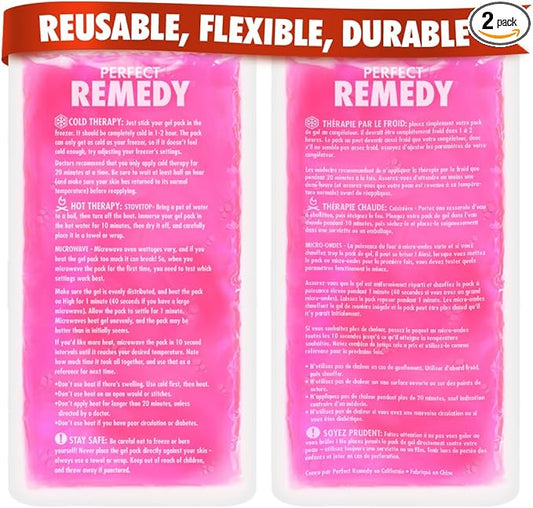 Perfect Remedy 2-Pack Gel Ice Packs for Injuries, Soft and Flexible Hot & Cold Compress, Soothing Ice Pack Aid for Sprains Strains & Soreness conditions, Alternative to Hot Water Bottles (Pink, Large)