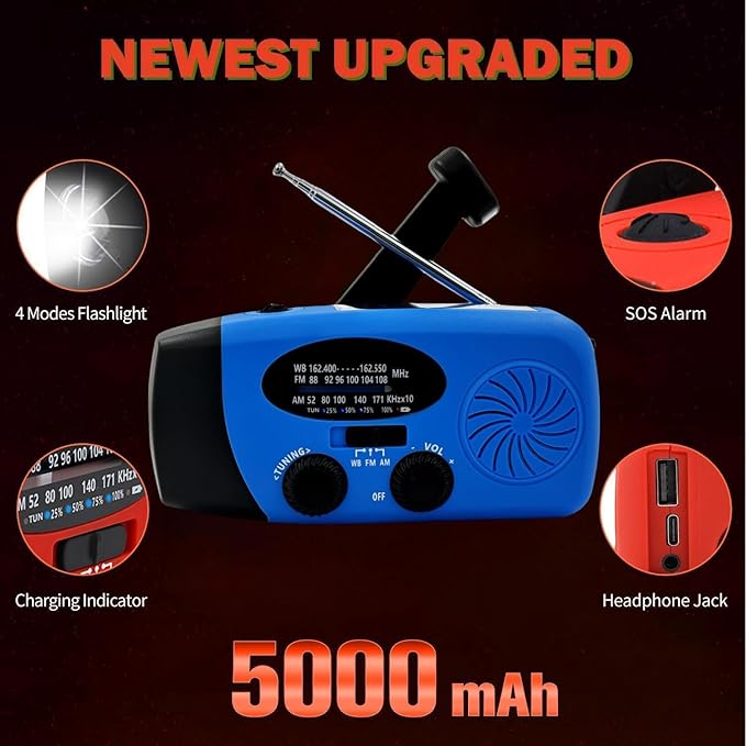 Solar Emergency Hand Crank Weather Radio, Portable Self Powered NOAA AM/FM Radios with SOS Alarm LED Flashlight 5000mAh Smart Phone USB Charger for Camping (Blue)
