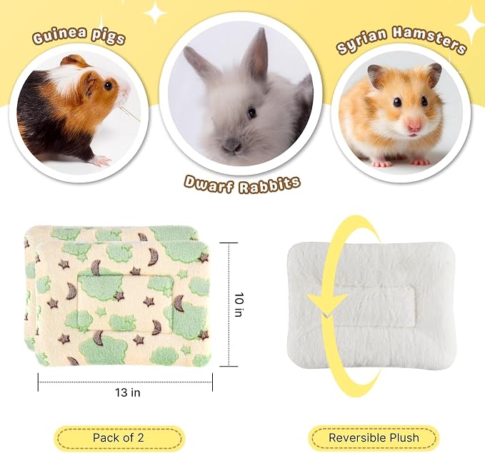 2 Pcs Bunny Bed, Washable Rabbit Bed, Double-Sided Fleece Sleeping Pad for Guinea Pig, Dwarf Rabbit, Chinchilla, Ferret, Hamster, Warm Small Animal Cage Mat, 13x10in, Yellow Star & Moon