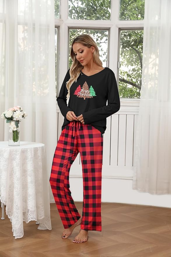 Ekouaer Womens 2 Pack Pajama Set Long Sleeve Pajamas Top and Pants V Neck Pjs Set Soft Loungewear with Pockets