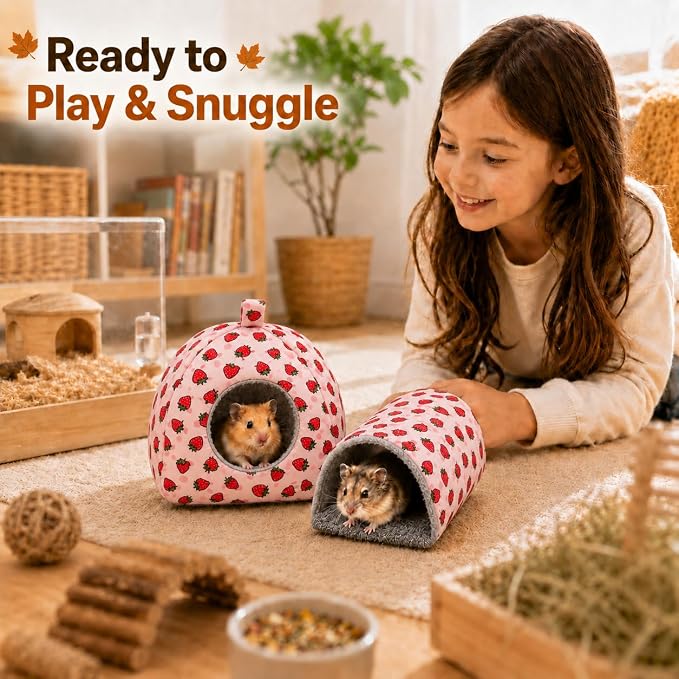 Hamster Hideout Tunnel Set, 2 Pack Washable Small Animal Bed with Removable Cushion, Cozy Play Tunnel Cage Accessories for Hamsters, Hedgehogs, Mice, Rats, Gerbils, Pink Strawberry