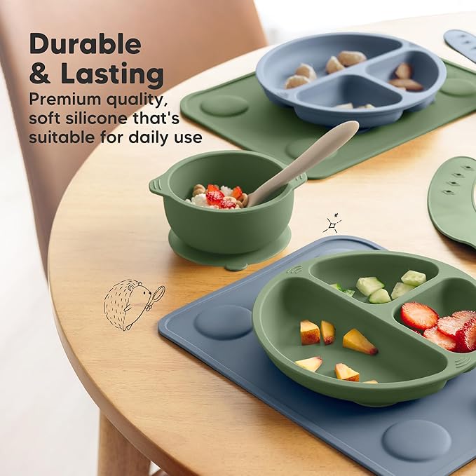 KeaBabies 2-Pack Silicone Placemats for Toddlers - 12x9 Non Slip Suction Baby Silicone Placemat for Kids Eating, Easy to Clean, Busy Travel Baby Mat for Dining Table, Food Grade/BPA-Free (Slate)