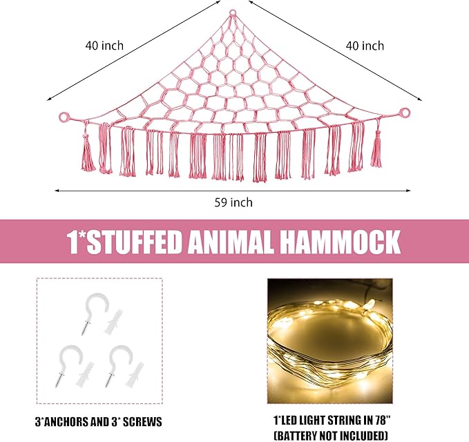 CERETIA Stuffed Animal Hammock with LED Light, Large Stuffed Animals Storage Corner Plushie Net for Kids Room Decor, Pink