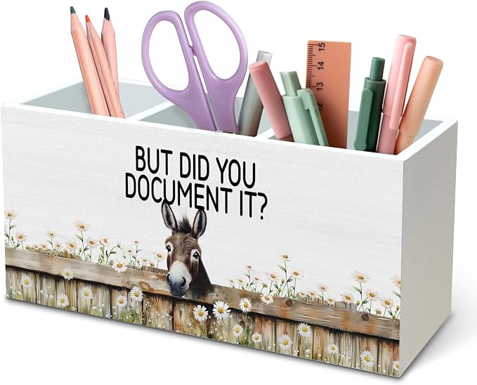 DILSJ Inspirational Donkey Pen Pencil Holder Organizer for Desk, Donkey Gifts for Women, But Did You Document It Wooden Box Signs for Home Office Desk Tabletop Decoration