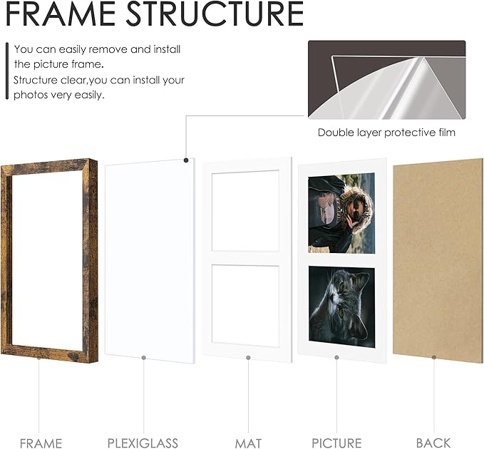 8x10 Double Picture Frame For Displaying Double 4x6 Picture Frame for Wall Mounting or Tabletop, Brown.