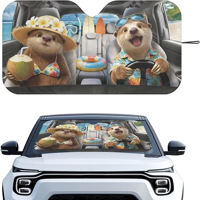 Cute Otter Car Front Windshield Sun Shade Foldable Tropical Sun Visor Protector Accessories for Cars Truck SUV UV Rays & Heat Protection Car Windshield Sunshade with Storage Bag