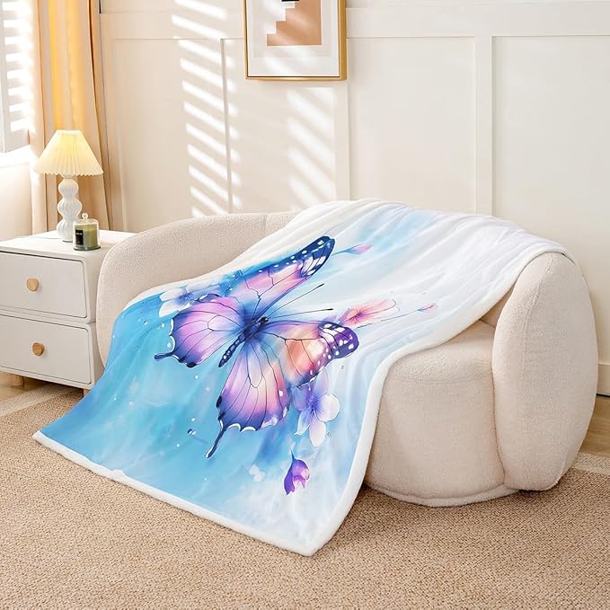 Feelyou Blue Butterfly Fleece Throw Blanket Baby 30"x40" Kids Girls Sherpa Blanket Plush Fuzzy for Bed Couch Chair Living Room, Watercolor Bed Blanket Chic Gorgeous Room Decor