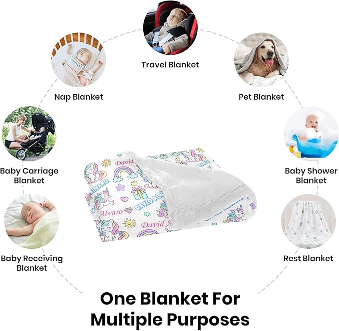 Ship Next Day, Personalized Baby Blanket for Boys Girls - Printed in USA, Custom Name Toddler Blanket with Rainbow Horse Pattern, Perfect Newborn Gift