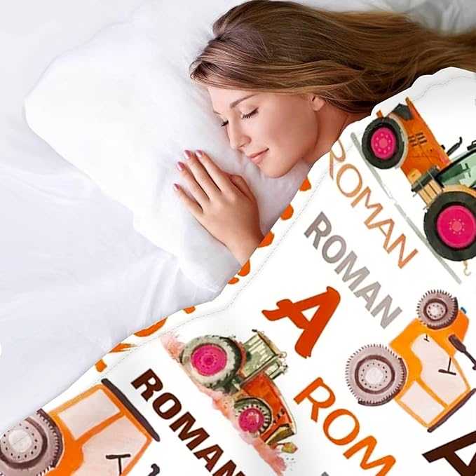 Personalized Tractors Blanket - Custom Name with Farm Tractor Trucks Design - Soft Plush Flannel Bed Blanket for Baby Kid Teen Boys Girls Customized Gifts White & Orange