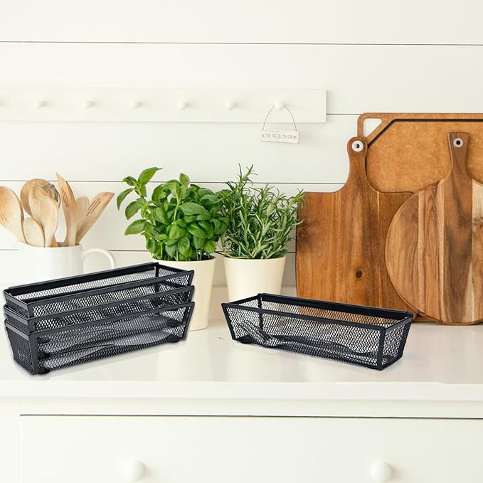 4PCS Drawer Organizer, Mesh Drawer Organizer with Interlocking Arm for Utensil, Cosmetic, Flatware, Pen (9 * 3 * 2 Inches, Black)