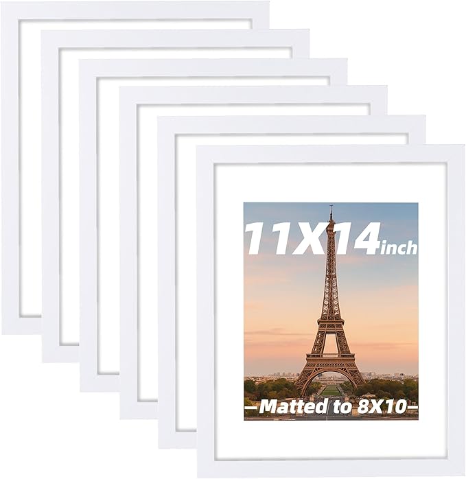 6 Pcs 11x14 White Picture Frame - Display Pictures 8x10 with Mat or 11 x 14 without Mat - White Wood Picture Frames for Wall Mounting - Wooden Photo Frame for 11 14 Matted to 8x10 Print Set of 6