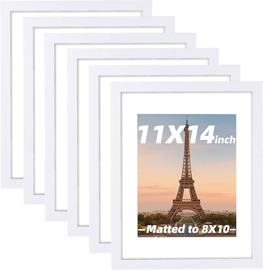 6 Pcs 11x14 White Picture Frame - Display Pictures 8x10 with Mat or 11 x 14 without Mat - White Wood Picture Frames for Wall Mounting - Wooden Photo Frame for 11 14 Matted to 8x10 Print Set of 6