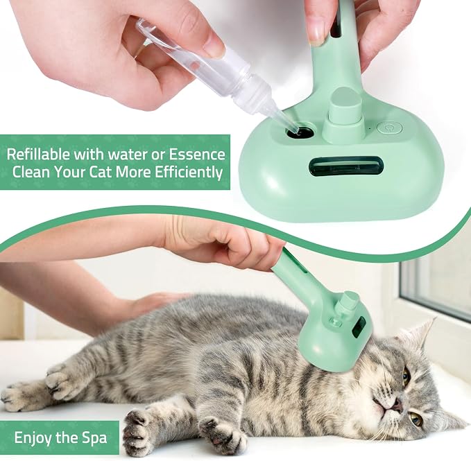 Bunny Ferret Steam Brush Release Button Self Cleaning Spray Comb for Long and Short Hair Cats Rechargeable Steaming Cat Grooming Brush Steamer to Remove Loose Hair (Green)