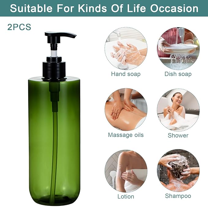 Yebeauty Pump Bottle, 2 Pack 17oz/500ml Modern Lotion Dispenser Stylish Shampoo Bottles Thick Shower Soap Dispenser Empty Shampoo Container for Body Wash Bathroom Kitchen Travel, Clear-Green