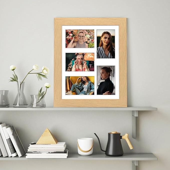 11x14 Picture Frame Display 5 opening 4X6 Picture Frame Collage,Multi Photo Frame with Mat,Plexiglass,Wall or Tabletop Decor,Natural Wood Grain