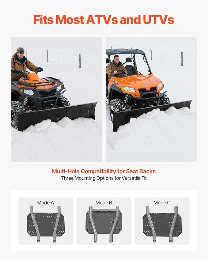 VEVOR Snow Plow Kit, 60in Universal Snow Plow Attachment, Height & Left-Right Adjustable, Quick to Detach, Steel ATV Scrape Blade, 3 Mount Options, Efficient Snows Clearing, for Most ATVs & UTVs