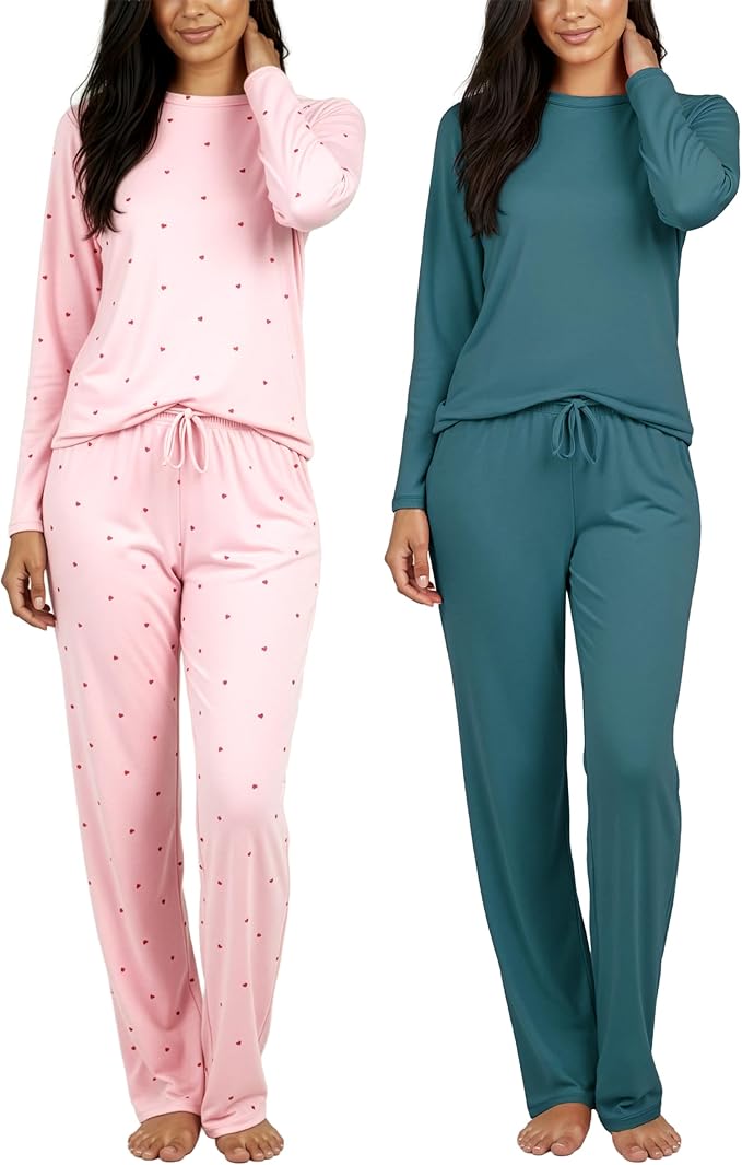 Real Essentials 2 Pack: Women's Comfy Pajama Sets - Short & Long Sleeve Ladies Loungewear Sleepwear PJs (Available In Plus)