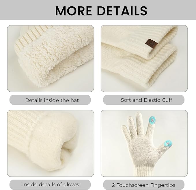 Womens Winter Beanie Hat Scarf Gloves Set, Knit Touch Screen Gloves Long Scarf Skull Caps Fleece Lined Winter Gift