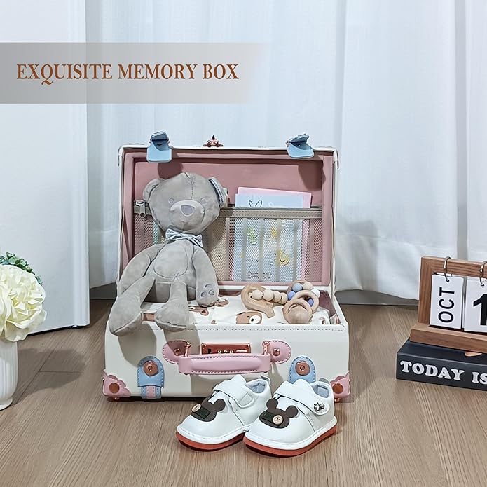 Unitravel Baby Keepsake Case, Handmade Memory Storage Box, Newborn Keepsake Box, Vintage Suitcase for Baby Shower, Baptism, Naming Ceremony or Birthday