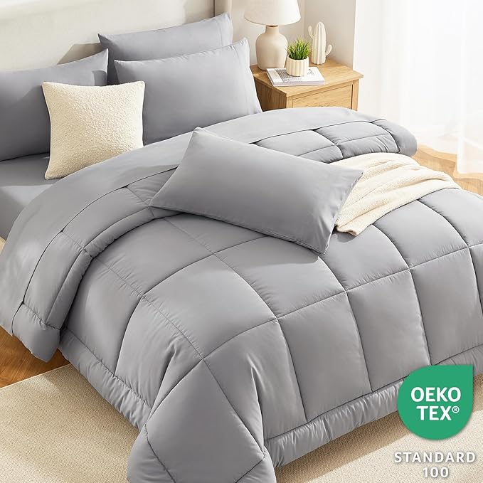 CozyLux Full Size Comforter Sets Grey, 7 Pieces Bed in a Bag, Gray Comforter Full Size, All Season Bedding Sets with Stitch Quilted Comforter, Flat Sheet, Fitted Sheet, Pillowcases