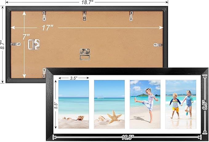 7x17 Collage frame with 4 Openings 4X6 Pictures, Multiple Picture Frame with Mat, Wall or Tabletop Decor, Black Wood Grain,2 Pack
