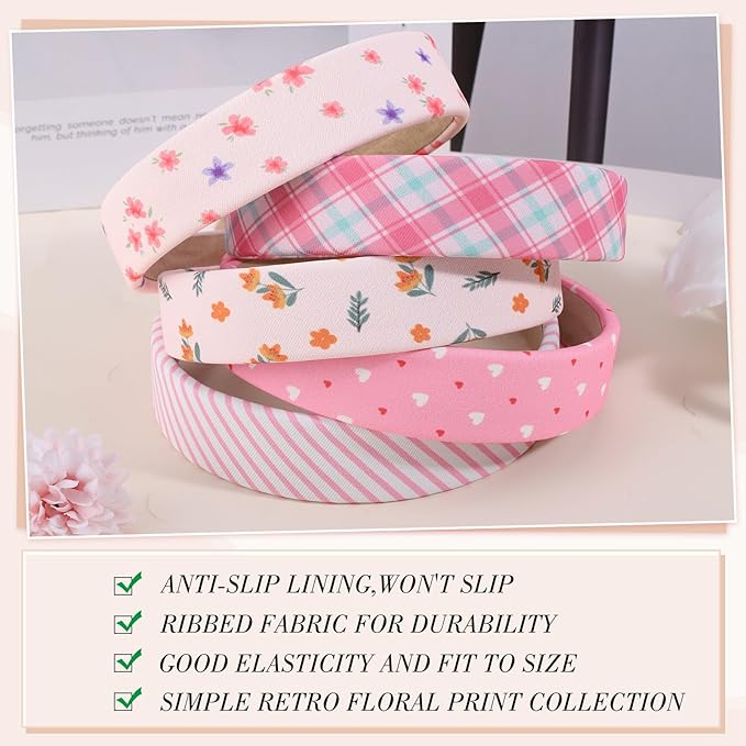 obeoby Pink Stripe Headbands for Girls Gift, 1 inch Wide Trendy Headband Non Slip for Everyday Styling Casual Outings(5Pcs)