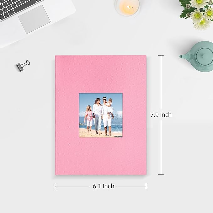 Mublalbum 2 Pack Small 5x7 Photo Album Linen Cover with Display Window Mini Picture Book Each Holds 52 Vertical Pockets for Artwork Postcards or Pictures Storage (Pink)