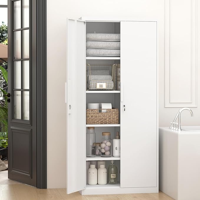 GREATMEET Metal Garage Storage Cabinets, 71" Tall Locking Metal Cabinets with Doors and Shelves, Utility Cabinet with Lock for Garage, Home, White