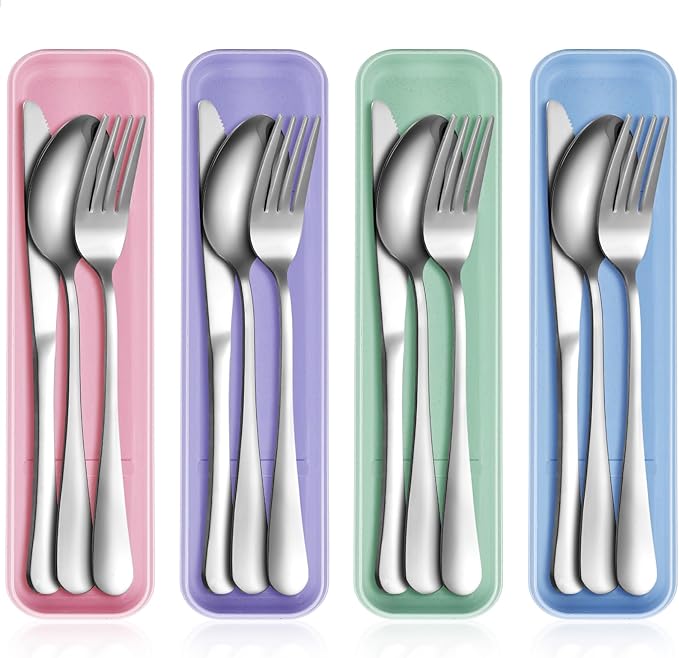 Yinkin 4 Pack Portable Travel Utensils Set with Case Reusable Stainless Steel Silverware Flatware Camping Cutlery Include Fork Spoon Knife for Work School Dishwasher Safe (Pastel Color)
