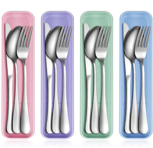 Yinkin 4 Pack Portable Travel Utensils Set with Case Reusable Stainless Steel Silverware Flatware Camping Cutlery Include Fork Spoon Knife for Work School Dishwasher Safe (Pastel Color)