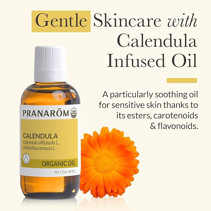 Pranarom - 2 Pack - USDA Certified Organic French Calendula Virgin Plant Oil - 2 fl oz Glass Bottles - Gentle Soothing Oil for Sensitive Skin, Moisturizer